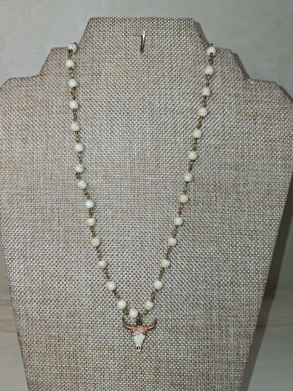 Cream Bead Western Long Necklace with Bull Pendant - Unbranded